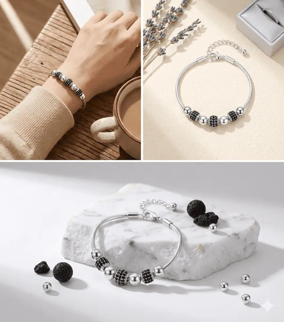 Bratara din Argint 925 model Bile Multifatetate Asemanatoare Pandora Negre