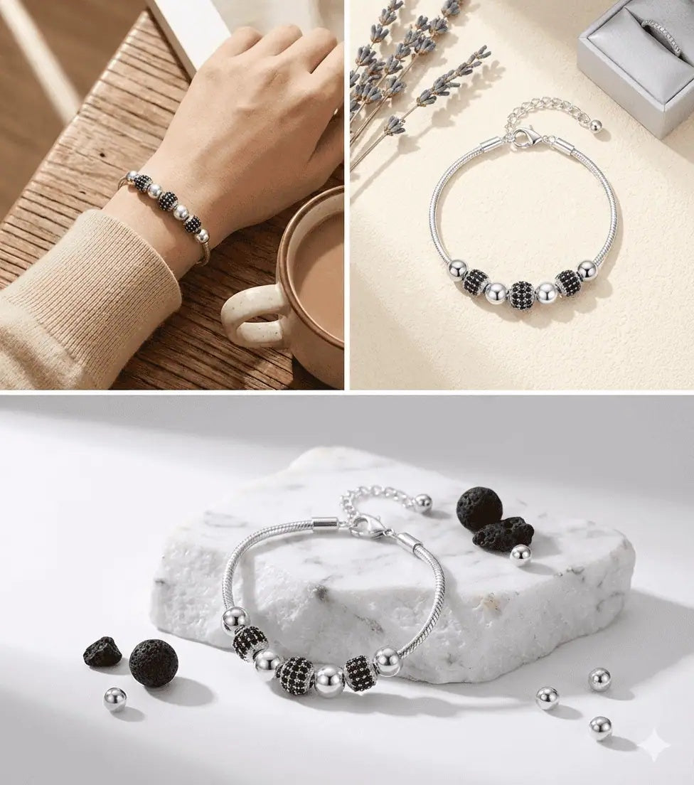 Bratara din Argint 925 model Bile Multifatetate Asemanatoare Pandora Negre