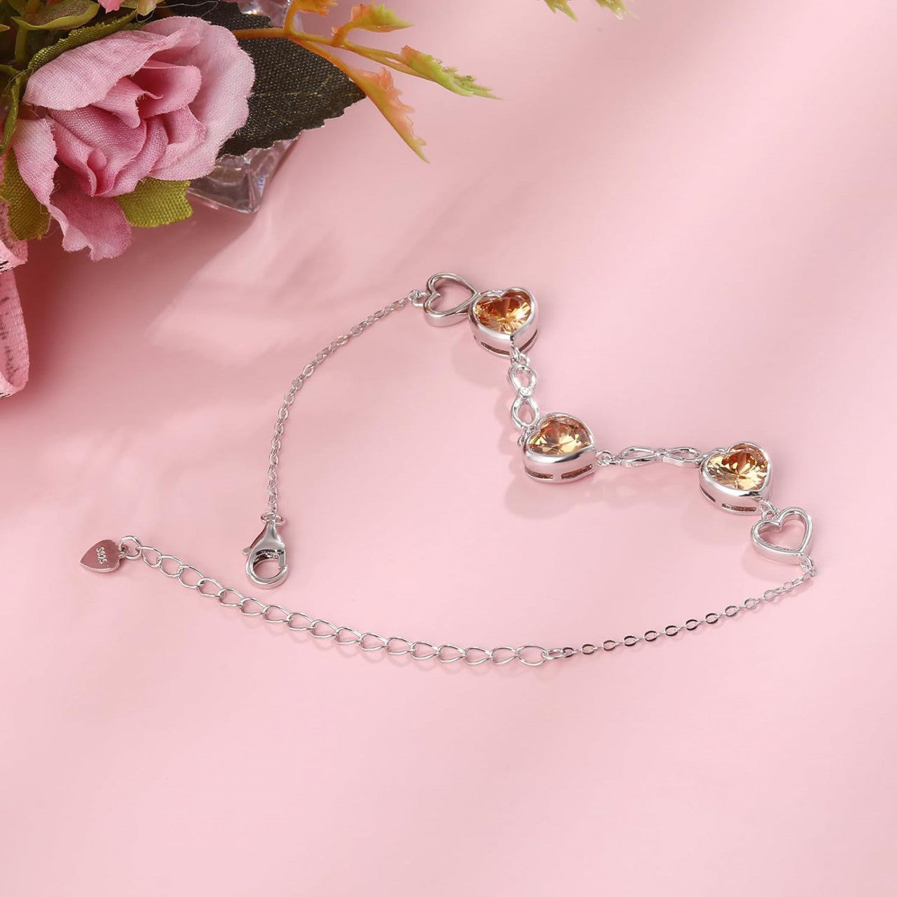 Bratara Model Infinit si Inimioare din argint 925 Citrine Heart, Brățară minimalistă, casual, pentru femei, Galben 5.54g