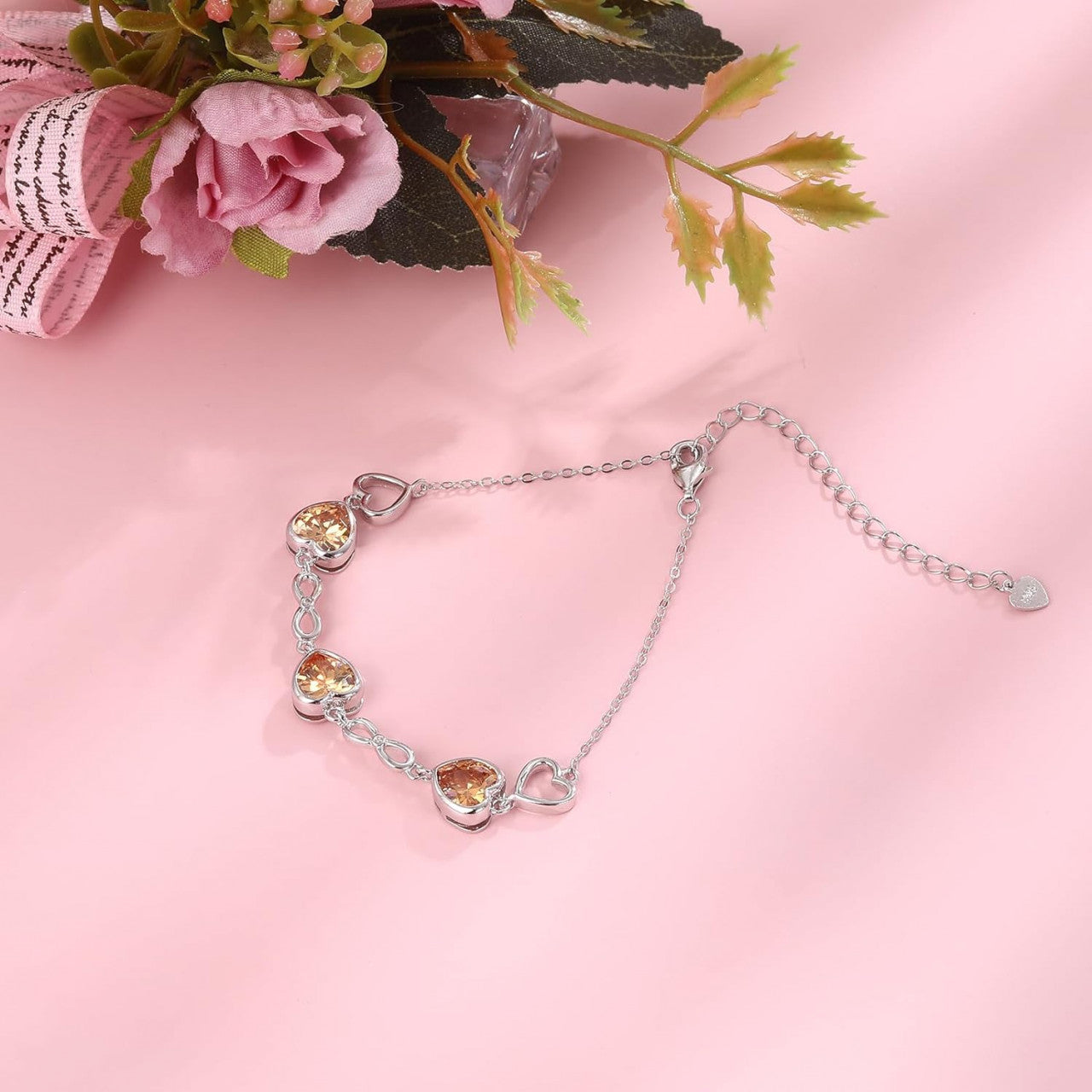 Bratara Model Infinit si Inimioare din argint 925 Citrine Heart, Brățară minimalistă, casual, pentru femei, Galben 5.54g