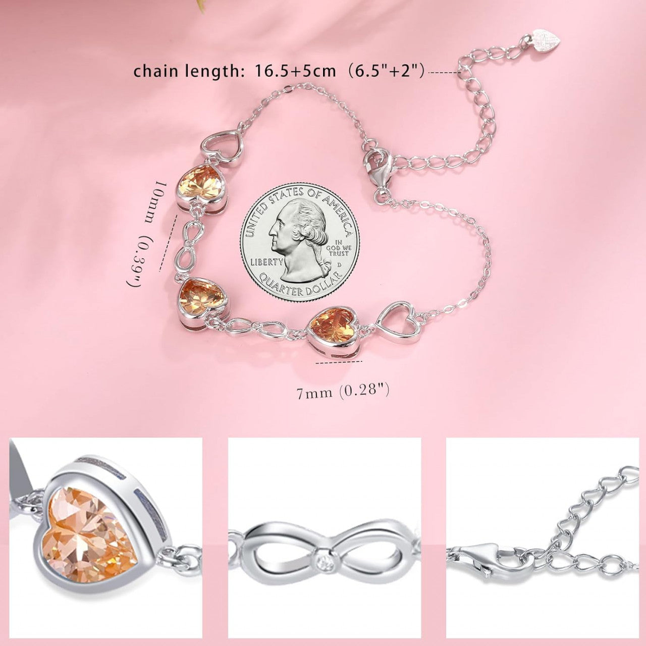 Bratara Model Infinit si Inimioare din argint 925 Citrine Heart, Brățară minimalistă, casual, pentru femei, Galben 5.54g