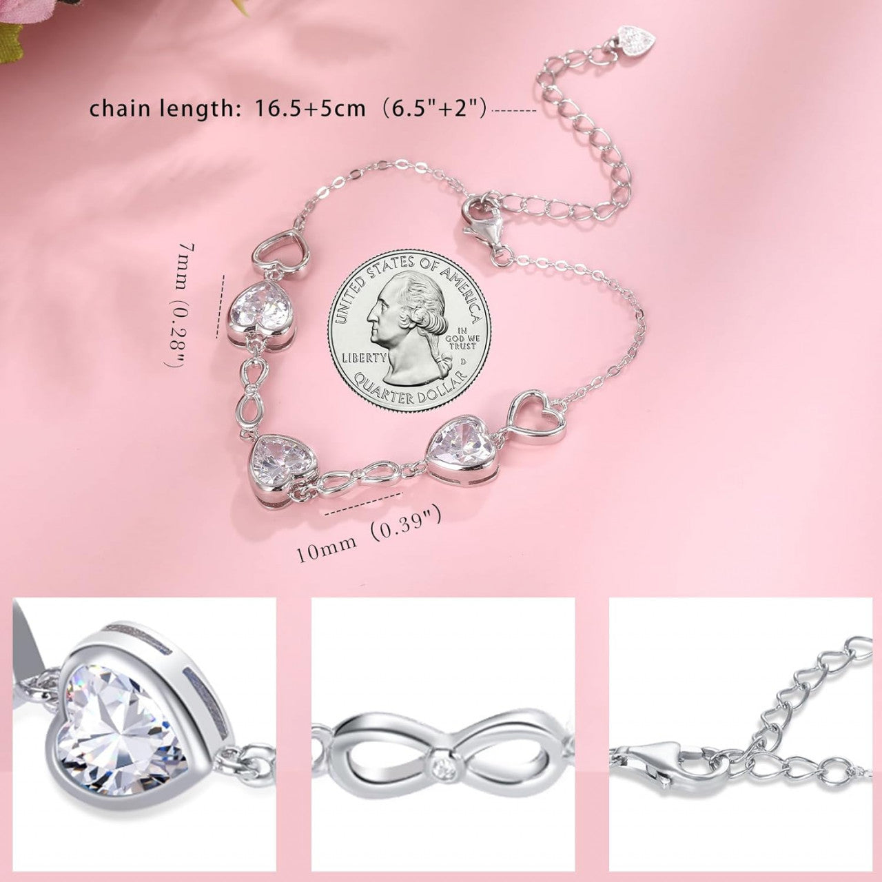 Bratara Model Infinit si Inimioare din argint 925 Moissanite, Brățară minimalistă, casual, pentru femei, bijuterii de petrecere 5.54g