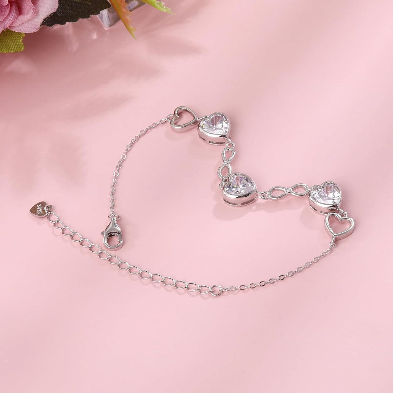 Bratara Model Infinit si Inimioare din argint 925 Moissanite, Brățară minimalistă, casual, pentru femei, bijuterii de petrecere 5.54g