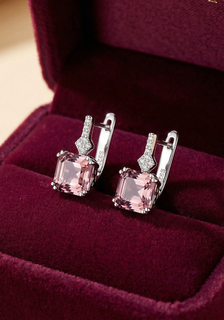 Cercei Argint 925 Cu Cristal Roz Patrat Si Zirconii, Cercei Eleganti Femei Cu Piatra Stralucitoare