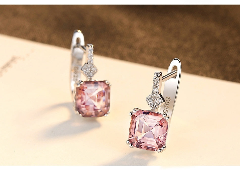 Cercei Argint 925 Cu Cristal Roz Patrat Si Zirconii, Cercei Eleganti Femei Cu Piatra Stralucitoare