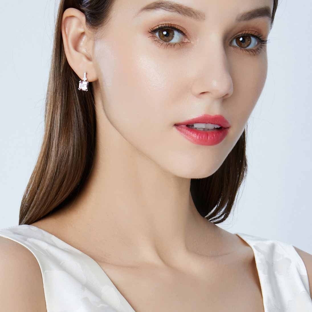 Cercei Argint 925 Cu Cristal Roz Patrat Si Zirconii, Cercei Eleganti Femei Cu Piatra Stralucitoare