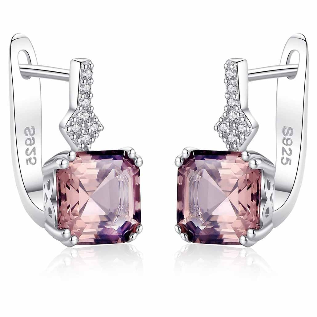 Cercei Argint 925 Cu Cristal Roz Patrat Si Zirconii, Cercei Eleganti Femei Cu Piatra Stralucitoare