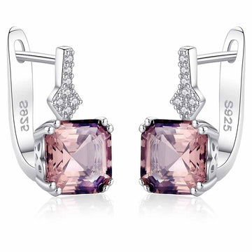 Cercei Argint 925 Cu Cristal Roz Patrat Si Zirconii, Cercei Eleganti Femei Cu Piatra Stralucitoare