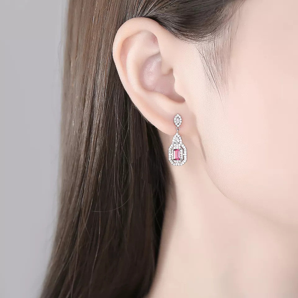 Cercei Argint 925 Red Crystal Patrat Eleganti