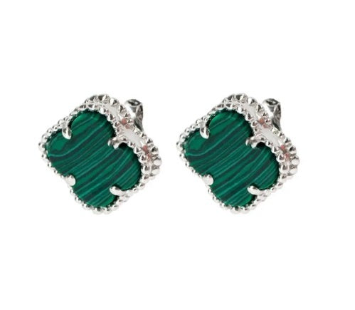 Cercei din Argint 925 cu Piatra Verde Malachit – Design Trifoi cu Patru Foi, Simbol al Norocului