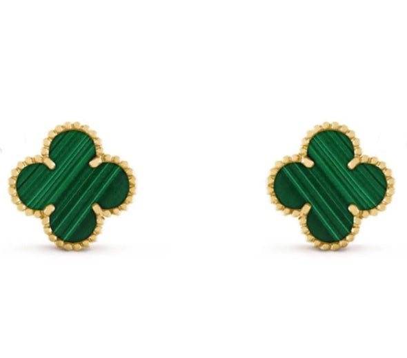 Cercei din Argint 925 cu Piatra Verde Malachit – Design Trifoi cu Patru Foi, Simbol al Norocului