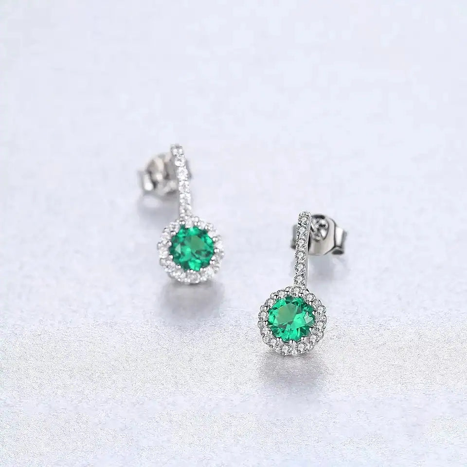 Cercei Din Argint 925 Cu Piatra Verde Si Halo De Zirconii, Cercei Eleganti Cu Tija, Design Elegant Femei