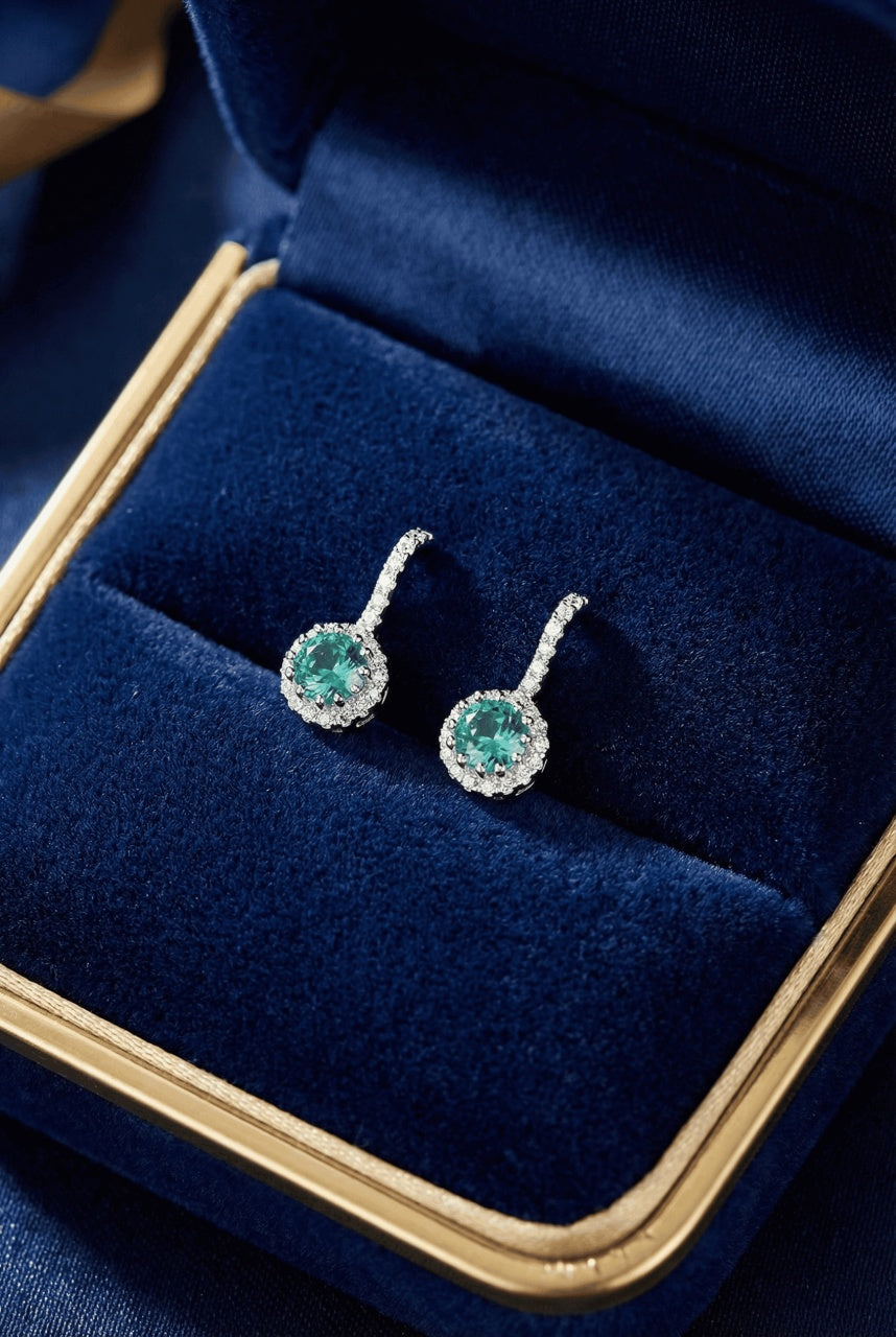 Cercei Din Argint 925 Cu Piatra Verde Si Halo De Zirconii, Cercei Eleganti Cu Tija, Design Elegant Femei
