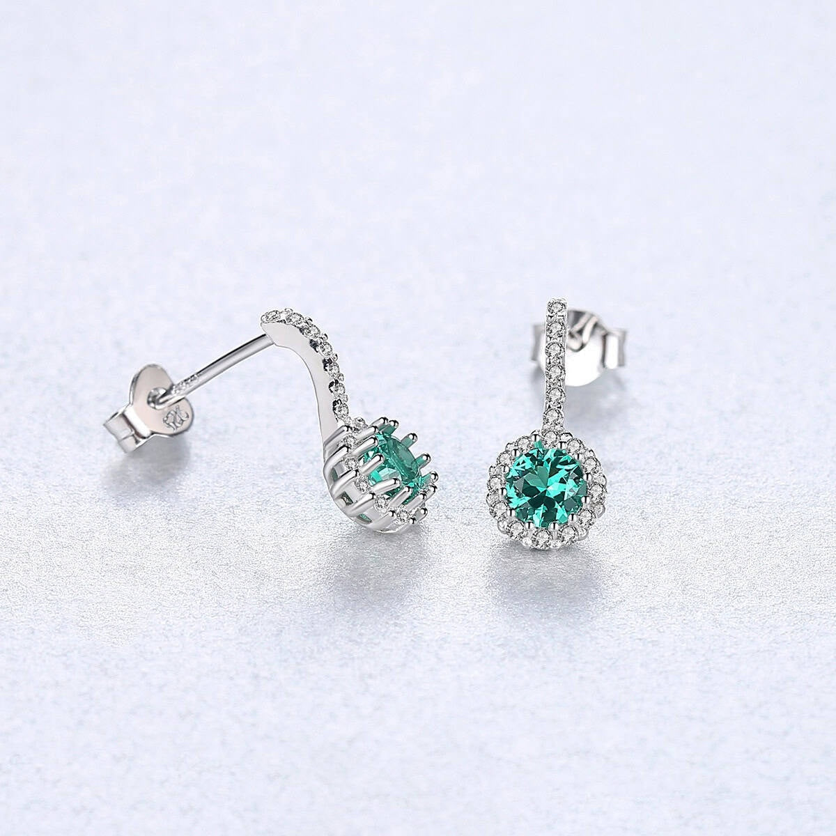 Cercei Din Argint 925 Cu Piatra Verde Si Halo De Zirconii, Cercei Eleganti Cu Tija, Design Elegant Femei