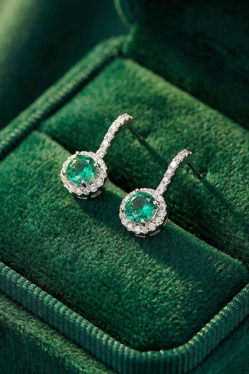 Cercei Din Argint 925 Cu Piatra Verde Si Halo De Zirconii, Cercei Eleganti Cu Tija, Design Elegant Femei