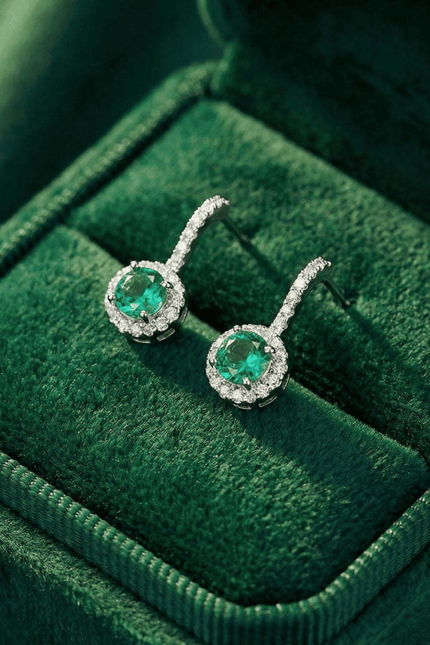 Cercei Din Argint 925 Cu Piatra Verde Si Halo De Zirconii, Cercei Eleganti Cu Tija, Design Elegant Femei
