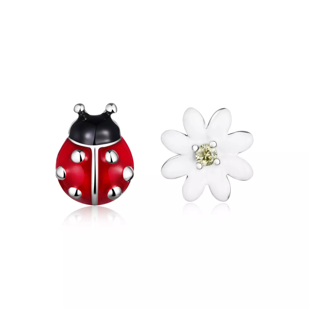 Cercei din argint Asymmetric Ladybug & Daisy, Argint 925, Pentru Femei