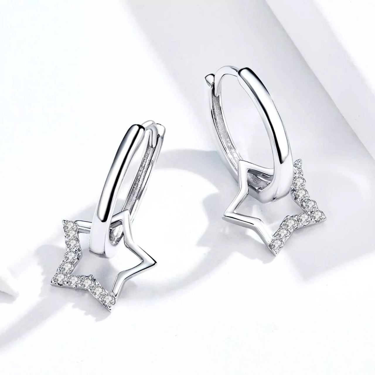 Cercei din argint Big Shiny Star Hoops, Argint 925, Pentru Femei