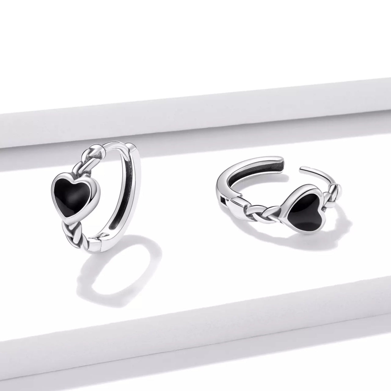 Cercei din argint Black Heart Hoops, Argint 925, Pentru Femei