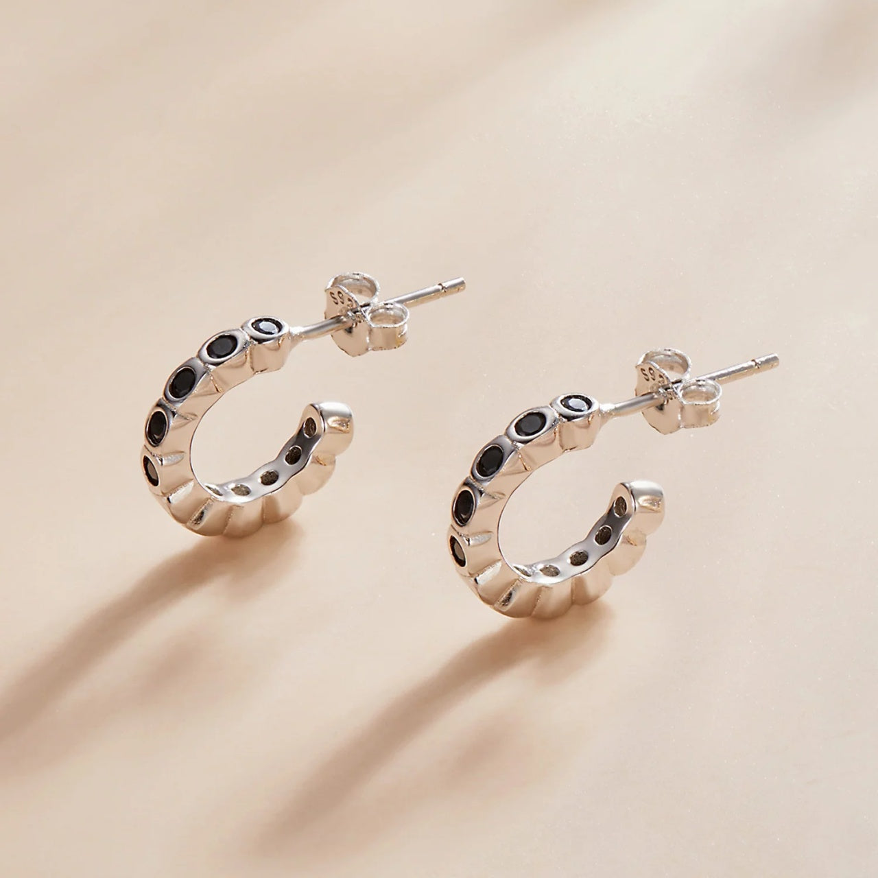 Cercei din argint Black Studded Hoops, Argint 925, Pentru Femei