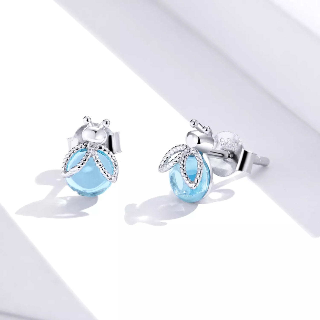 Cercei din argint Blue Crystal Ladybug, Argint 925, Pentru Femei 1.08g