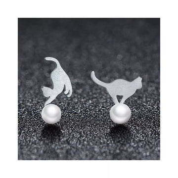Cercei din argint Cat on Pearl, Argint 925, Pentru Femei 1.63g