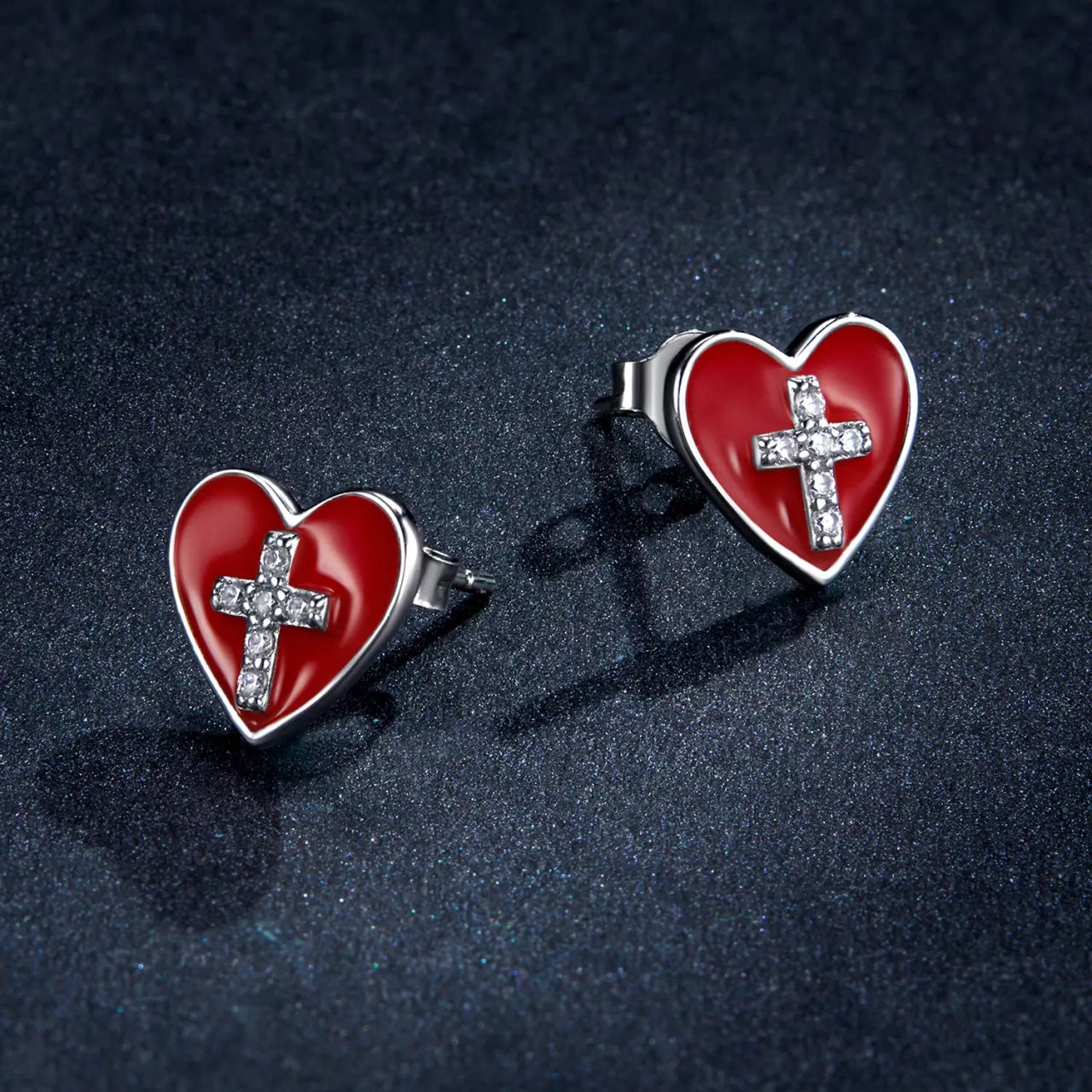 Cercei din argint Cross Red Heart, Argint 925, Pentru Femei