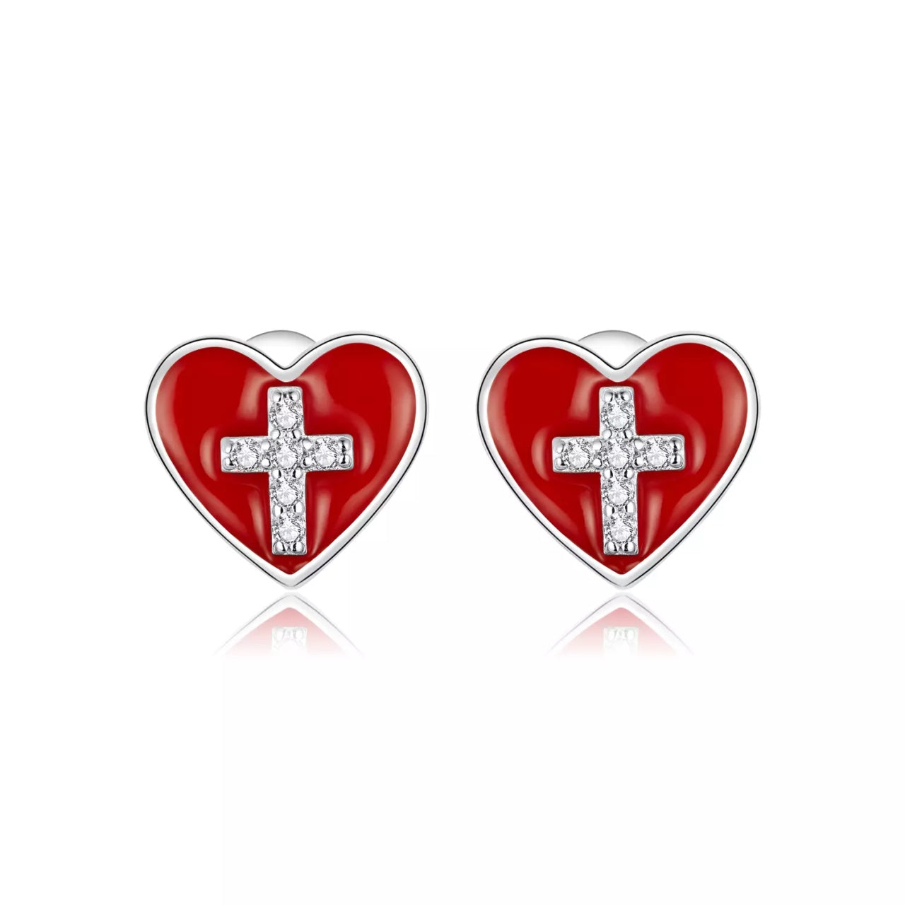 Cercei din argint Cross Red Heart, Argint 925, Pentru Femei