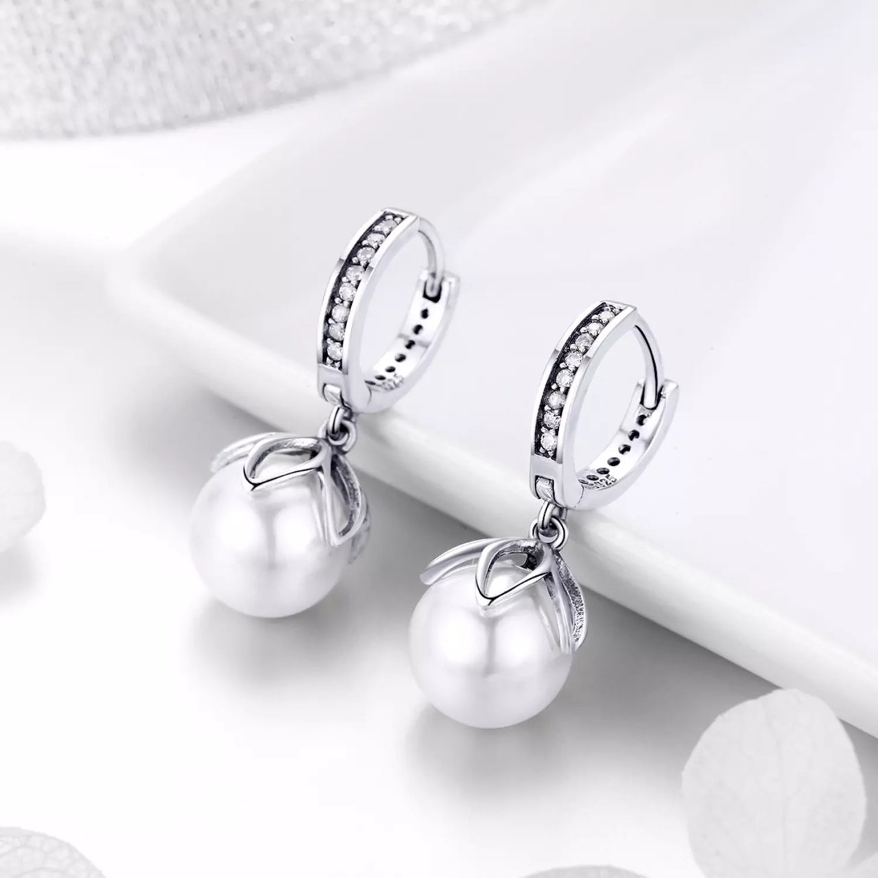 Cercei din argint Flowerd Pearls Hoops, Argint 925, Pentru Femei