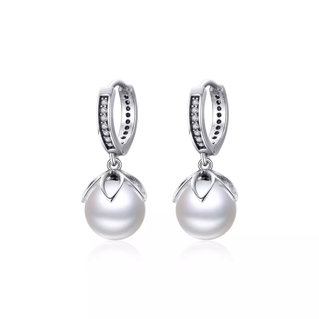 Cercei din argint Flowerd Pearls Hoops, Argint 925, Pentru Femei