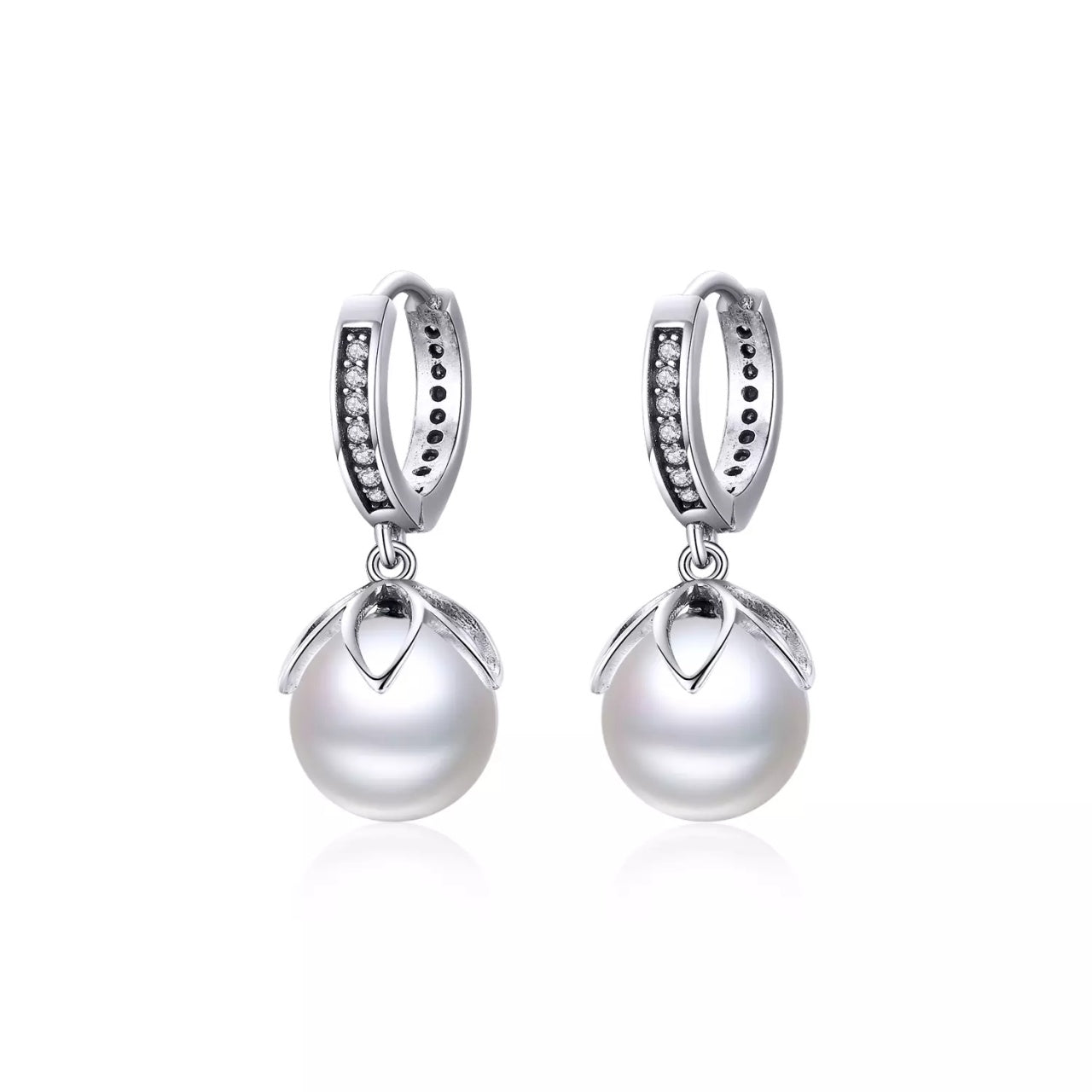 Cercei din argint Flowerd Pearls Hoops, Argint 925, Pentru Femei