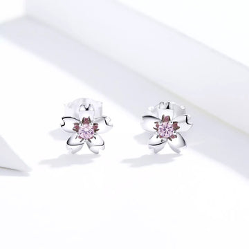 Cercei din argint Flowers & Pink Crystals, Argint 925, Pentru Femei 0.9g