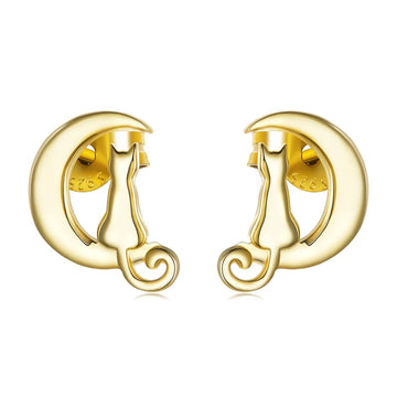 Cercei din argint Golden Cat on the Moon, Argint 925, Pentru Femei 1.23g