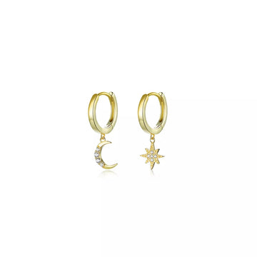 Cercei din argint Golden Moon and Stars, Argint 925, Pentru Femei