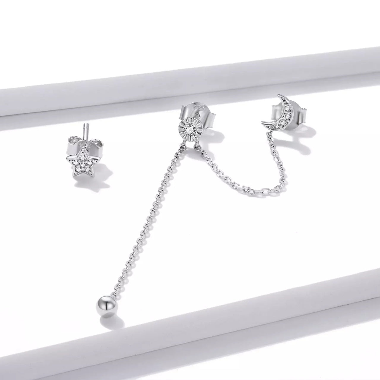 Cercei din argint Little Star & Moon Chain, Argint 925, Pentru Femei