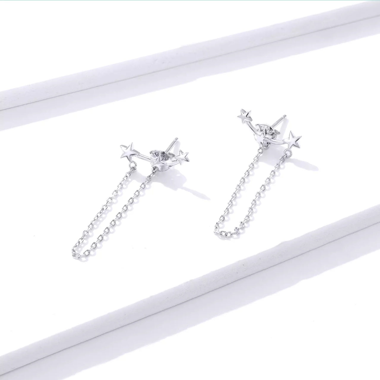 Cercei din argint Long Chain Stars, Argint 925, Pentru Femei