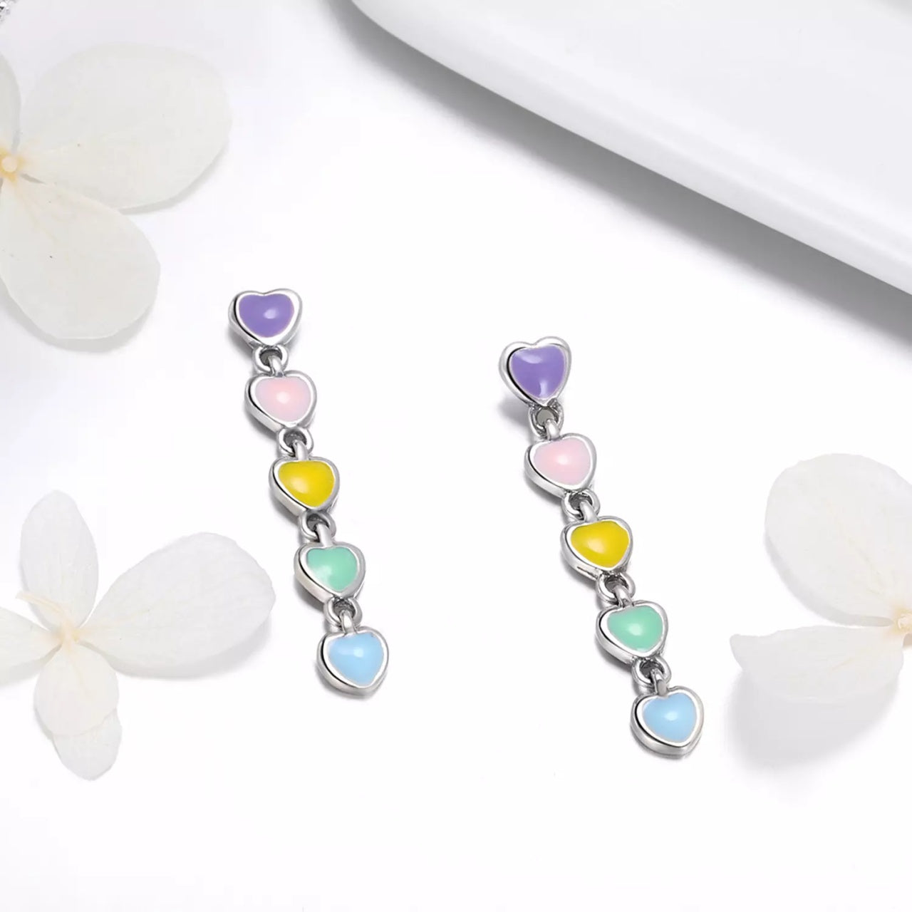 Cercei din argint Long Colorful Hearts, Argint 925, Pentru Femei