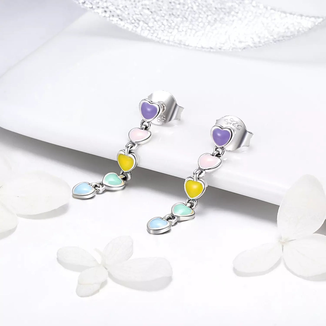Cercei din argint Long Colorful Hearts, Argint 925, Pentru Femei
