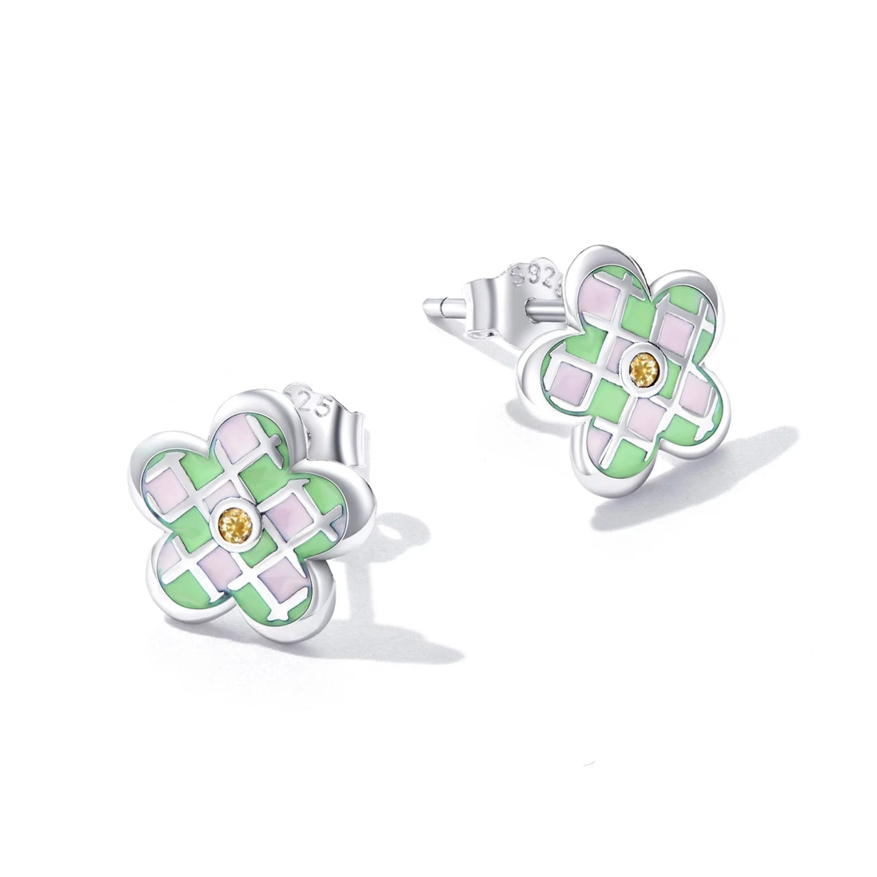 Cercei din argint Mini Green Flower, Argint 925, Pentru Femei