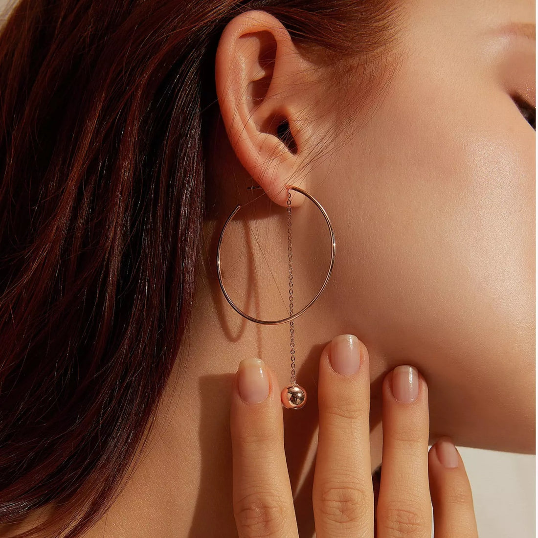 Cercei din argint Rose Gold Hoops & Chain, Argint 925, Pentru Femei