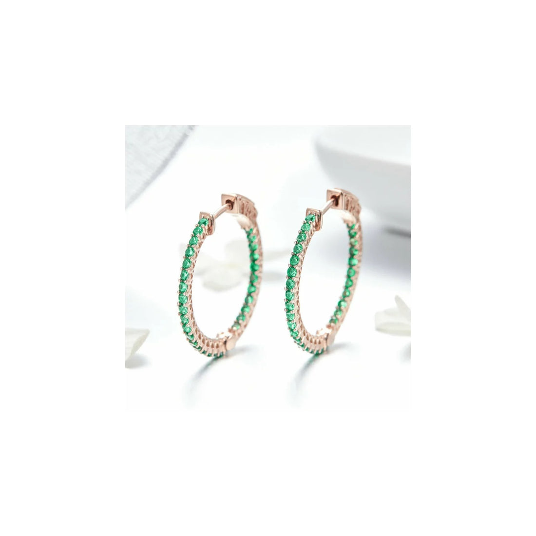 Cercei din argint Rose Gold Round Green Circle, Argint 925, Pentru Femei