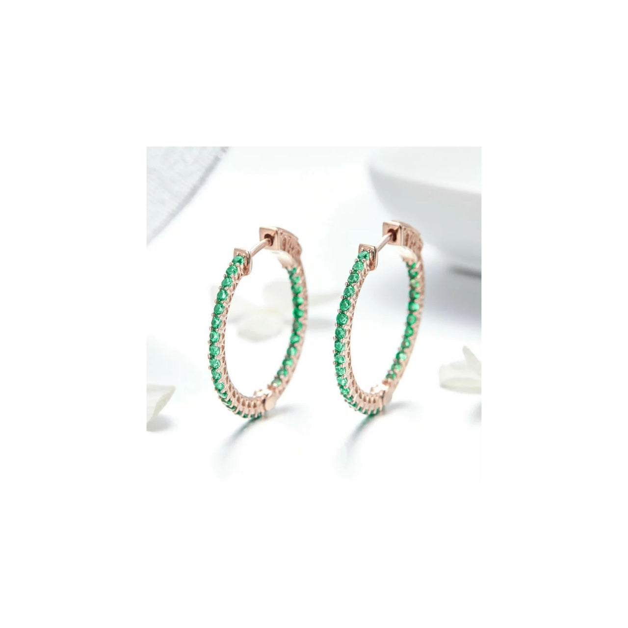 Cercei din argint Rose Gold Round Green Circle, Argint 925, Pentru Femei