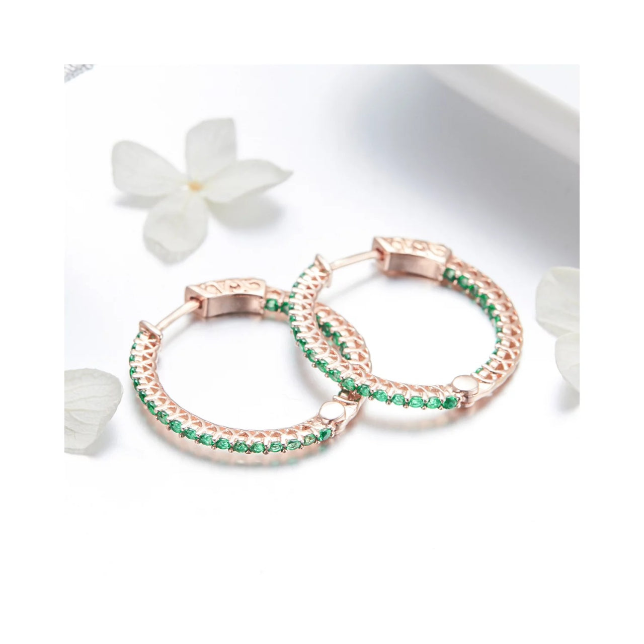 Cercei din argint Rose Gold Round Green Circle, Argint 925, Pentru Femei
