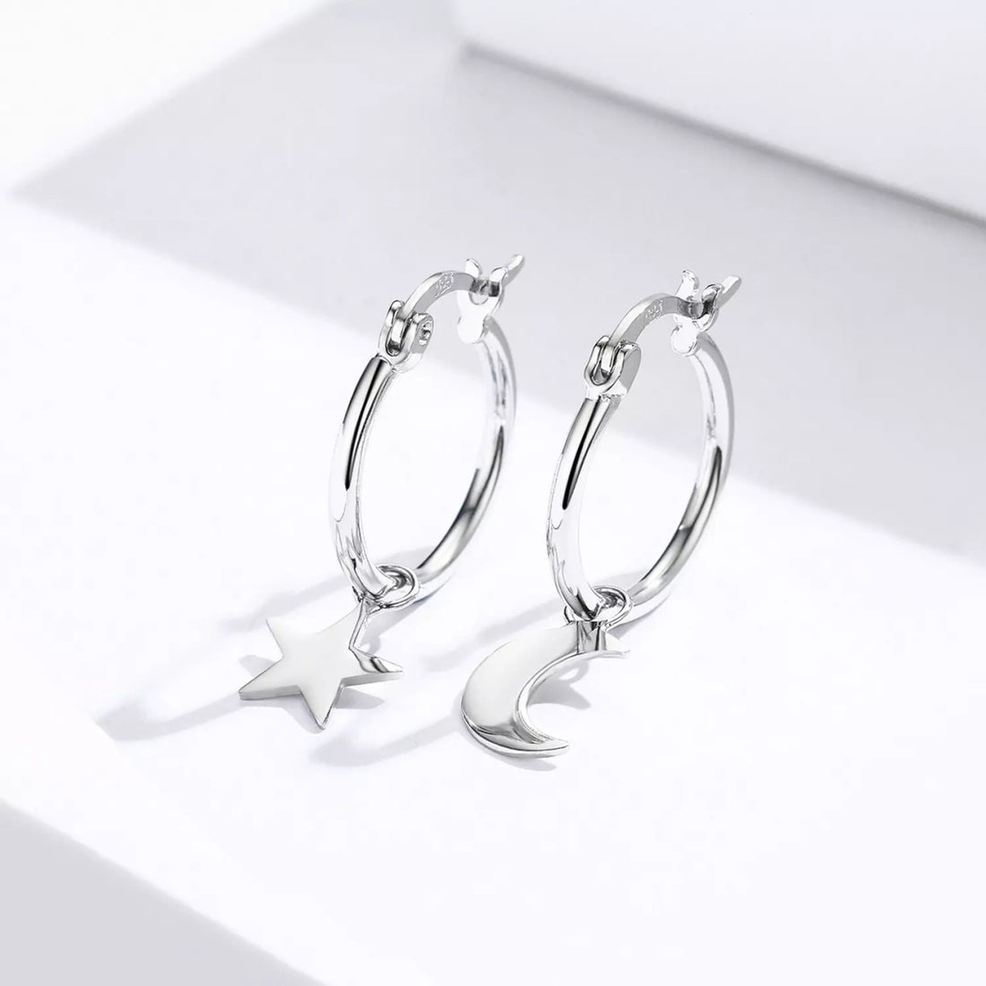 Cercei din argint Simple Moon & Star Hoops, Argint 925, Pentru Femei