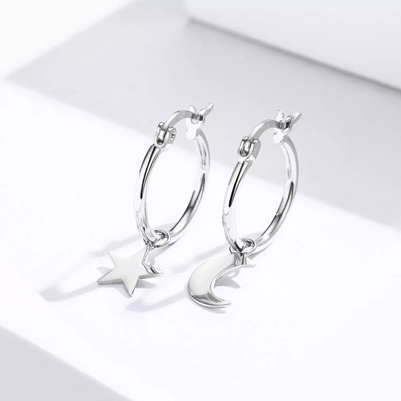 Cercei din argint Simple Moon & Star Hoops, Argint 925, Pentru Femei