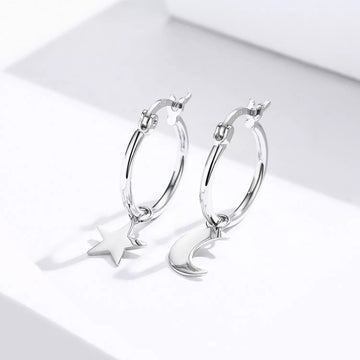 Cercei din argint Simple Moon & Star Hoops, Argint 925, Pentru Femei