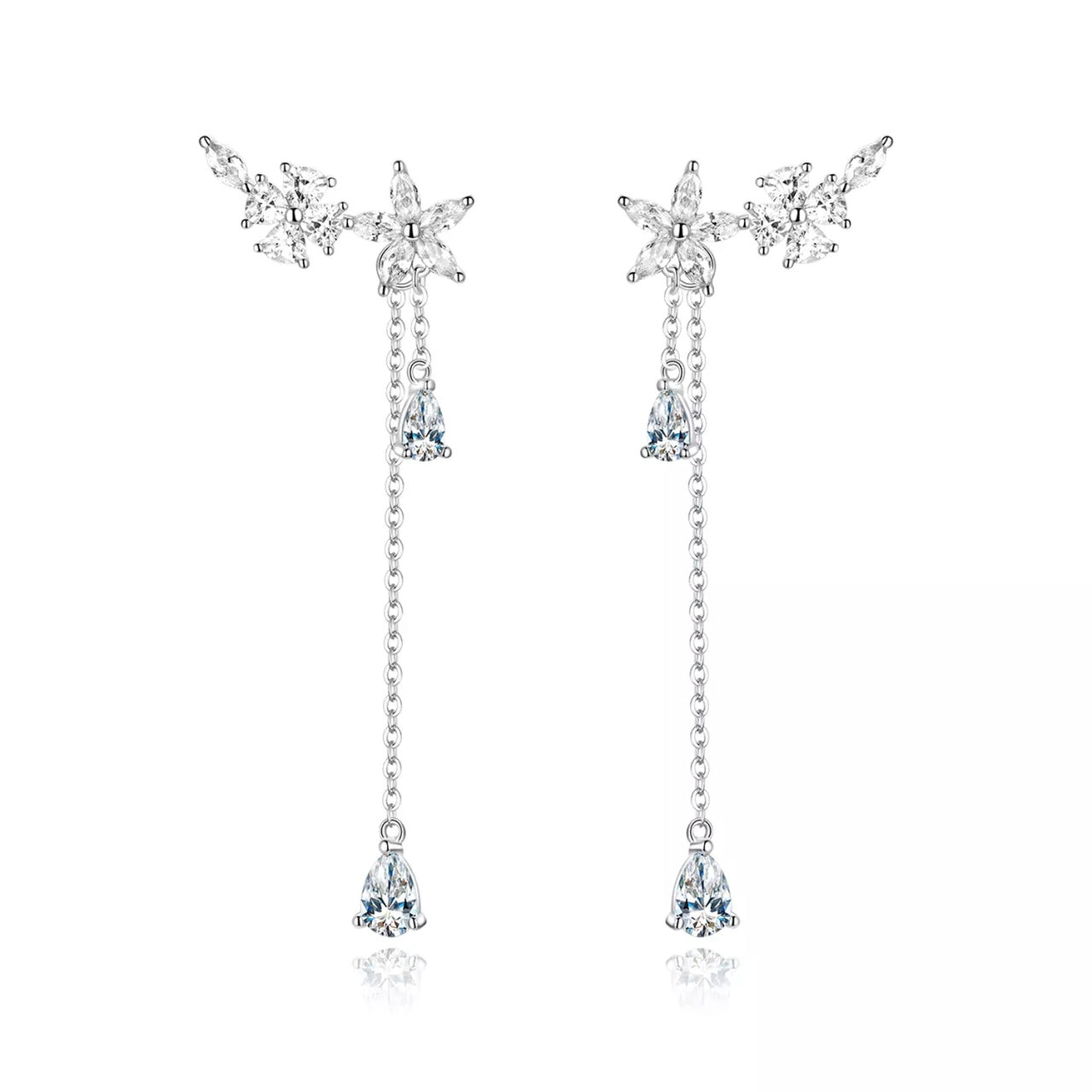 Cercei din argint Sparkling Chain Flowers, Argint 925, Pentru Femei