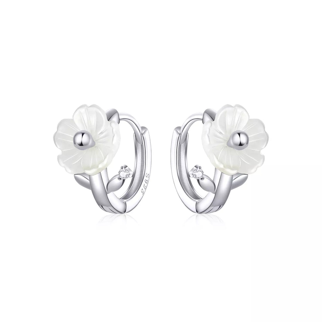 Cercei din argint White Flowers Hoops, Argint 925, Pentru Femei 2.00g