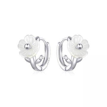 Cercei din argint White Flowers Hoops, Argint 925, Pentru Femei 2.00g