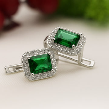 Cercei Eleganti Argintii Cu Piatra Verde Dreptunghiulara Din Argint 925 4.14g